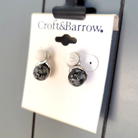 Croft & Barrow Black White Silver Faux Stone Stud Earrings Pierced Free Gift Bag - Picture 3 of 8